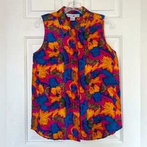 💙 Vintage Jonathan Martin 90s Floral Button-down Silk Sleeveless Blouse Medium